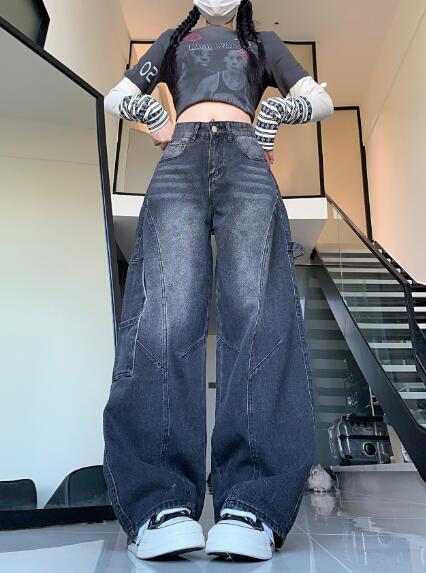 乐天商城 - デニムパンツ レディース 大きいサイズ ジーンズ デニム パンツ ワイドパンツ ジーパン 体型カバー ゆったり ワイドデニム きれいめ ボトムス カーゴパンツ プリント ストリート 個性的 韓国ファッション