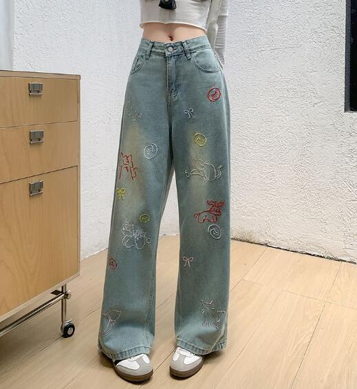 デニムパンツ レディース 大きいサイズ ジーンズ デニム パンツ ワイドパンツ ジーパン 体型カバー ゆったり ワイドデニム きれいめ ボトムス 刺繍 かわいい 個性的 韓国ファッション(4)