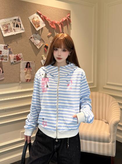 パーカー レディース 体型カバー アウター ライトアウター ボーダー柄 プリント 長袖 トップス パーカー フーディー 大きいサイズ 春 秋 冬 レディース ガールズ ストリート系 カジュアル かわいい 秋冬新作 韓国ファッション(4)