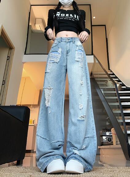 デニムパンツ レディース ワイドパンツ 大きいサイズ ジーンズ デニム パンツ ジーパン 体型カバー ゆったり ワイドデニム きれいめ ボトムス クラッシュ ダメージ 破れ加工 個性的 韓国ファッション ダンス衣装 ダンス HIPHOP 練習着