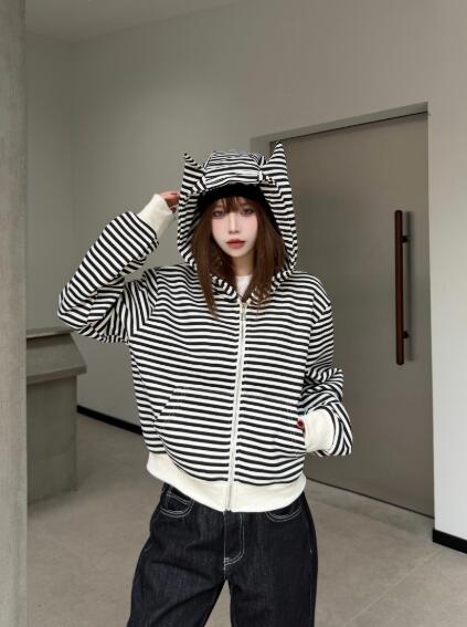パーカー レディース 体型カバー アウター ライトアウター ボーダー柄 長袖 トップス パーカー フーディー 大きいサイズ ショート丈 短め 春 秋 冬 レディース ガールズ ストリート系 カジュアル かわいい 秋冬新作 韓国ファッション(4)