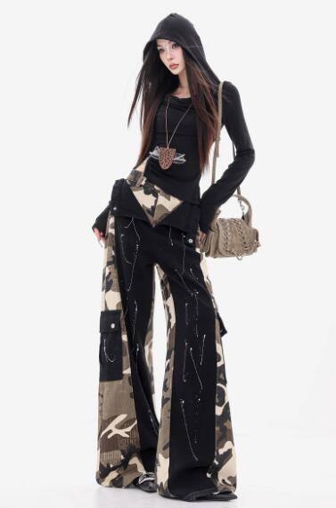 デニムパンツ レディース ワイドパンツ 重ね着風 迷彩 切り替え デザイン 大きいサイズ ジーンズ デニム パンツ ジーパン 着痩せ きれいめ ボトムス 美脚 個性的 韓国ファッション