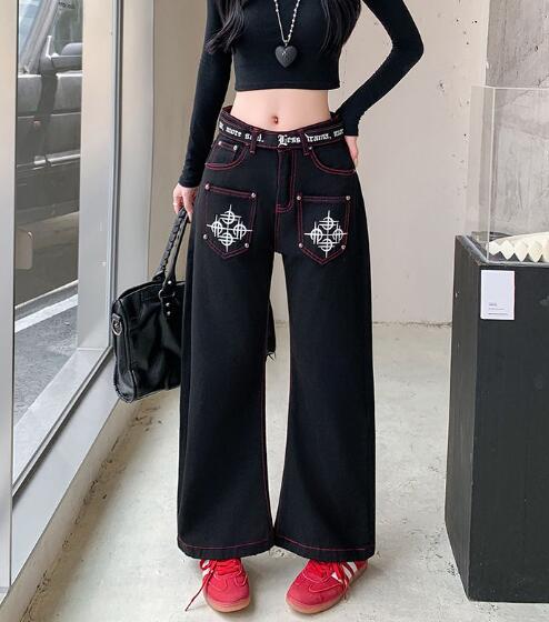 乐天商城 - デニムパンツ レディース ワイドパンツ ロゴ 大きいサイズ ジーンズ デニム パンツ ジーパン 着痩せ きれいめ ワイド 太い 太め ボトムス 美脚 個性的 韓国ファッション