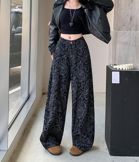 乐天商城 - デニムパンツ レディース ワイドパンツ 大きいサイズ ジーンズ デニム パンツ ジーパン 着痩せ きれいめ ワイド 太い 太め ボトムス プリント 総柄 美脚 個性的 韓国ファッション