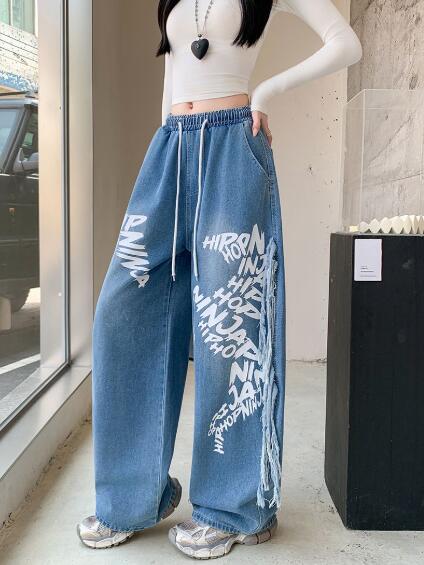乐天商城 - デニムパンツ レディース ワイドパンツ 大きいサイズ ジーンズ デニム パンツ ジーパン 着痩せ きれいめ ワイド 太い 太め ボトムス フリンジ プリント 美脚 個性的 かっこいい 韓国ファッション