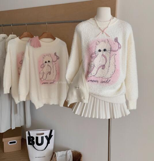 乐天商城 - ニット レディース セーター トップス ニットソー ネコ 猫 ふわふわ 長袖 秋 秋服 合わせやすい カジュアル シンプル かわいい 大人かわいい 上品 着回し ルーズ ゆる きれいめ 普段着 通勤 デート