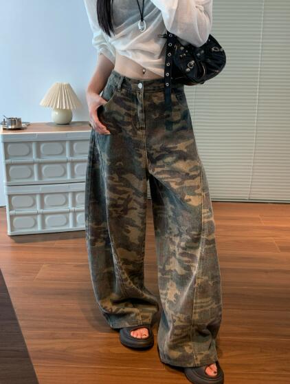 乐天商城 - デニムパンツ レディース ワイドパンツ 大きいサイズ ジーンズ デニム パンツ ジーパン 着痩せ きれいめ ワイド 太い 太め ボトムス 迷彩 ミリタリー 美脚 個性的 かっこいい 韓国ファッション