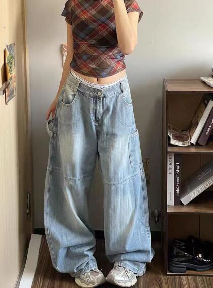 乐天商城 - デニムパンツ レディース ワイドパンツ 大きい ジーンズ デニム パンツ ジーパン ボトムス 長ズボン 着痩せ きれいめ ワイド 太い 太め ロゴ プリント 美脚 個性的 かっこいい 韓国ファッション