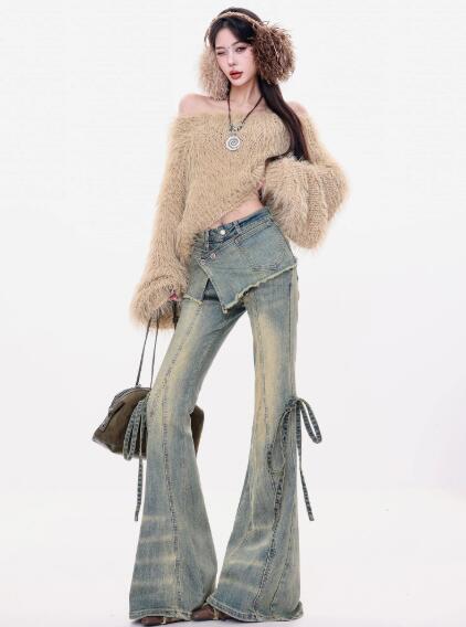 乐天商城 - フレアデニムパンツ レディース ジーンズ デニム パンツ ジーパン ボトムス 長ズボン 着痩せ 細見え きれいめ リボン 美脚 美尻 脚長 個性的 韓国ファッション