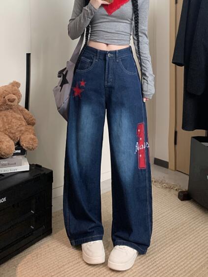 乐天商城 - デニムパンツ レディース ワイドパンツ 大きい ジーンズ デニム パンツ ジーパンボトムス 長ズボン 着痩せ きれいめ ワイド 太い 太め ロゴ ナンバー 刺繍 星柄 美脚 脚長 個性的 かっこいい 韓国ファッション