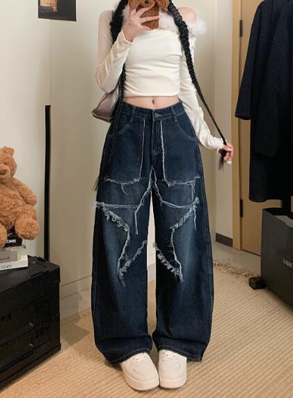 乐天商城 - デニムパンツ レディース ワイドパンツ 大きい ジーンズ デニム パンツ ジーパンボトムス 長ズボン 着痩せ きれいめ ワイド 太い 太め 星柄 ワッペン 美脚 脚長 個性的 かっこいい 韓国ファッション