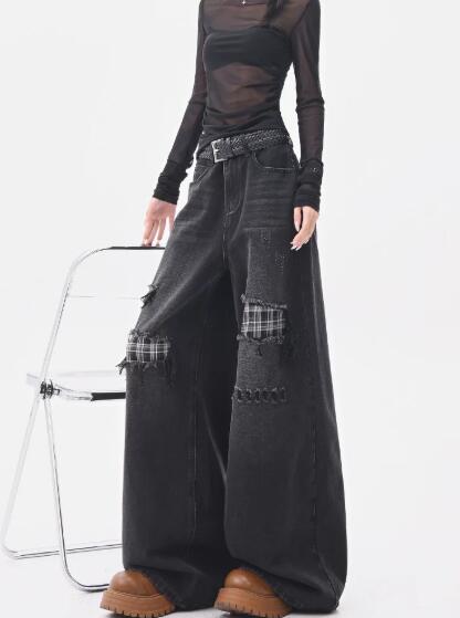 乐天商城 - 「ベルトなし」デニムパンツ レディース ワイドパンツ 大きい ジーンズ デニム パンツ ジーパンボトムス 長ズボン 着痩せ きれいめ ワイド 太い 太め クラッシュ 破れ加工 チェック柄 美脚 脚長 個性的 かわいい 韓国ファッション