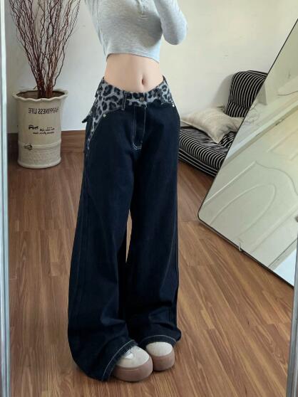 樂天商城 - デニムパンツ レディース ワイドパンツ 大きい ジーンズ デニム パンツ ジーパンボトムス 長ズボン 着痩せ きれいめ ワイド 太い 太め ヒョウ柄 レオパード柄 美脚 脚長 個性的 かっこいい 韓国ファッション