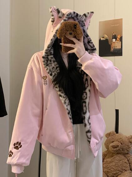樂天商城 - アウター レディース コート 帽子 フーディ ファー ボア もこもこ パーカー 長袖 トップス ショート丈 短め 短い あったたか 防寒 厚手 うさぎ耳 ヒョウ柄 春 秋 冬 ガールズ ストリート系 カジュアル かわいい 秋冬新作 韓国ファッション