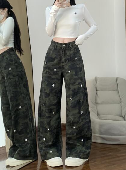 乐天商城 - デニムパンツ レディース ワイドパンツ 大きい ジーンズ デニム パンツ ジーパンボトムス 長ズボン 着痩せ きれいめ ワイド 太い 太め ミリタリー 迷彩 シンプル 美脚 脚長 個性的 かっこいい 韓国ファッション