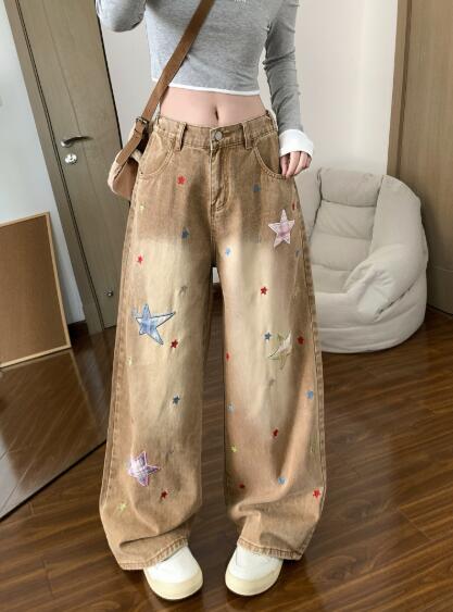 乐天商城 - デニムパンツ レディース ワイドパンツ 大きい ジーンズ デニム パンツ ジーパンボトムス 長ズボン 着痩せ きれいめ ワイド 太い 太め 刺繍 星柄 ワッペン シンプル 美脚 脚長 個性的 かわいい 可愛い 韓国ファッション