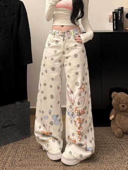 乐天商城 - ワイドパンツ レディース パンツ ズボン 大きいサイズ 着痩せ 動きやすい 長ズボン ボトムス ロングパンツ 太い 太め ワイドパンツ だぼだぼ 水玉柄 くま ベア ストリート 韓国 リラックス シンプル ストレート 練習着