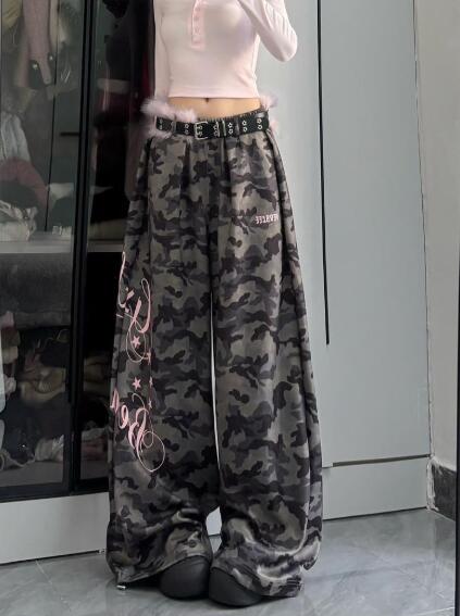 乐天商城 - 「ベルト付き」デニムパンツ レディース ワイドパンツ 大きい ジーンズ デニム パンツ ジーパンボトムス 長ズボン 着痩せ きれいめ ワイド 太い 太め だぼだぼ 迷彩 ミリタリー プリント シンプル 美脚 脚長 個性的 かっこいい 可愛い 韓国ファッション