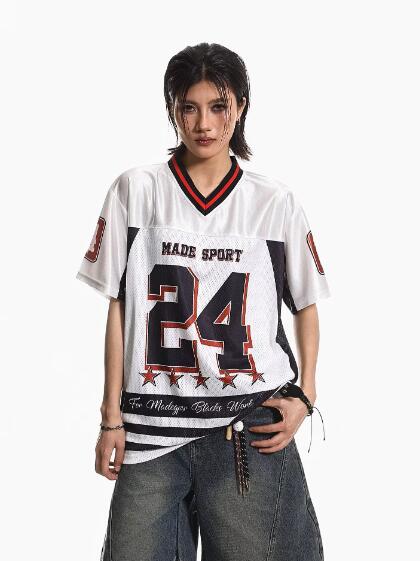 樂天商城 - トップス レディース カットソーtシャツ ユニフォーム風 メッシュ ロゴ ナンバー 長め ベースボール スポーツ ダンス 衣装 練習着 運動着 ヒップホップ HIPHOP メンズ ガールズ ストリート スケーター