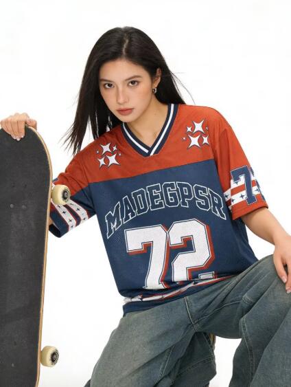 Three-Quarter - トップス レディース カットソーtシャツ ユニフォーム風 メッシュ ロゴ ナンバー 星柄 長め ベースボール スポーツ ダンス 衣装 練習着 運動着 ヒップホップ HIPHOP メンズ ガールズ ストリート スケーター