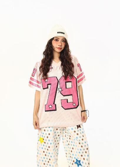 樂天商城 - トップス レディース カットソーtシャツ ユニフォーム風 メッシュ ロゴ ナンバー ライン 長め ベースボール スポーツ ダンス 衣装 練習着 運動着 ヒップホップ HIPHOP メンズ ガールズ ストリート スケーター