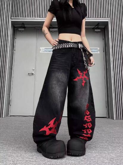 乐天商城 - 「ベルトなし」デニムパンツ レディース ワイドパンツ 大きい ジーンズ デニム パンツ ジーパンボトムス 長ズボン 着痩せ きれいめ ワイド 太い 太め 刺繍 シンプル 美脚 脚長 個性的 かわいい かっこいい 韓国ファッション