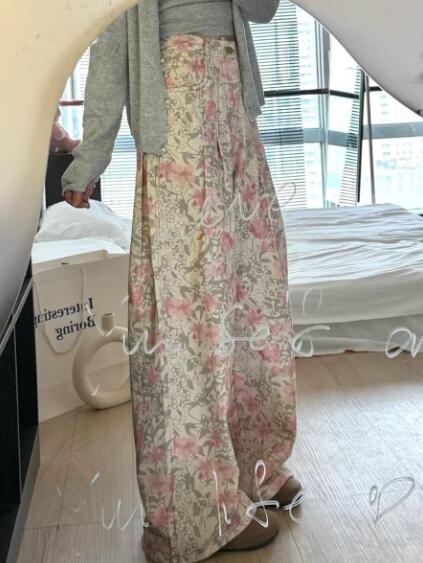 乐天商城 - デニムパンツ レディース ワイドパンツ 大きい ジーンズ デニム パンツ ジーパンボトムス 長ズボン 着痩せ きれいめ ワイド 太い 太め 花柄 総柄 美脚 脚長 個性的 かわいい かっこいい 韓国ファッション ヒップホップ HIPHOP