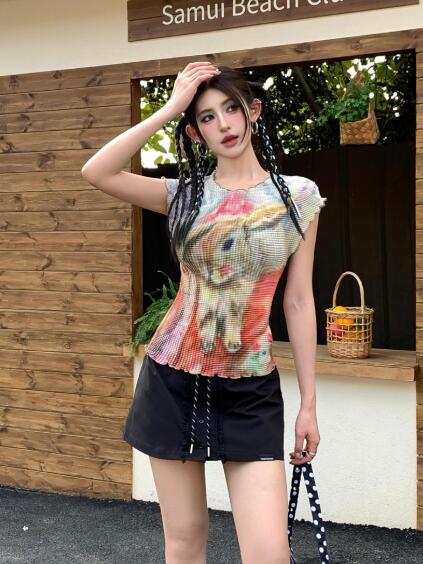 樂天商城 - トップス レディース カットソーtシャツ 薄手 半袖 うさぎ マーブル 短い 短め 着痩せ スリム おしゃれ セクシー 可愛い ダンス 衣装 夏 夏服