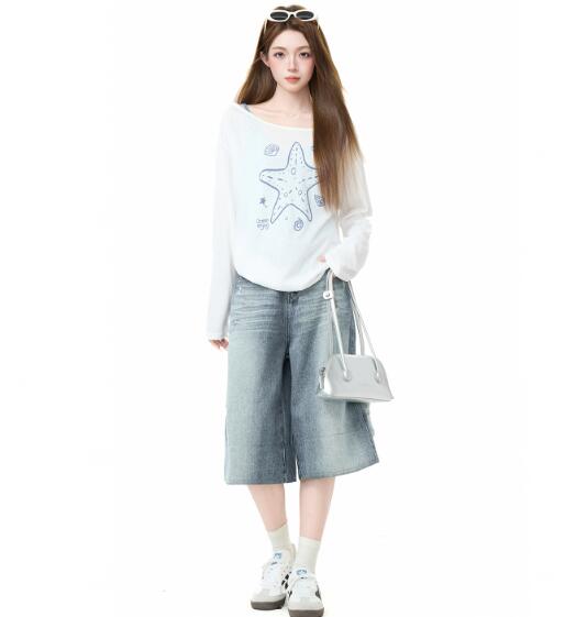 乐天商城 - トップス レディース カットソーtシャツ 薄手 長袖 透け感あり 星柄 ゆったりカジュアル おしゃれ 夏服 秋服 韓国ファッション