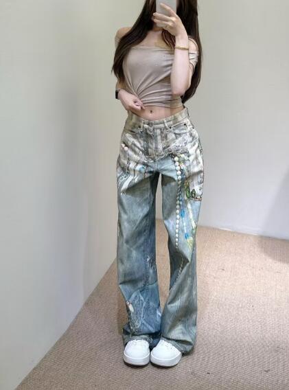 乐天商城 - デニムパンツ レディース ワイドパンツ 大きい ジーンズ デニム パンツ ジーパンボトムス 長ズボン 着痩せ きれいめ ワイド 太い 太め 3Dプリント 総柄 美脚 脚長 個性的 かわいい かっこいい 韓国ファッション ヒップホップ HIPHOP