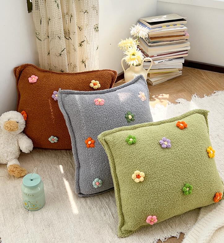 クッション 45×45cm もこもこ 立体手編みお花 正方形 ソファクッション カラフル花...