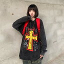 Tシャツ カットソー 長袖 ロゴ プリント 十字架 体型カバー 大きいサイズあり 赤 黒 イエロー ゆったり ストリート ユニセックス 男女兼用 原宿系...