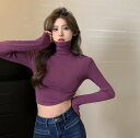全6色 Tシャツ カットソー 長袖 ショート丈 タートルネック ハイネック 切り替え スリム 無地 原宿系ファッション 韓国風ダンス 衣装 ヒップホップ HIP...