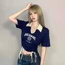 Tシャツ カットソー 五分 七分 半袖 ショート丈 短い 短め へそ出し セクシー ショート丈 切り替え バイカラー 配色 LOGO ロゴ 英字 原宿系ファッシ...