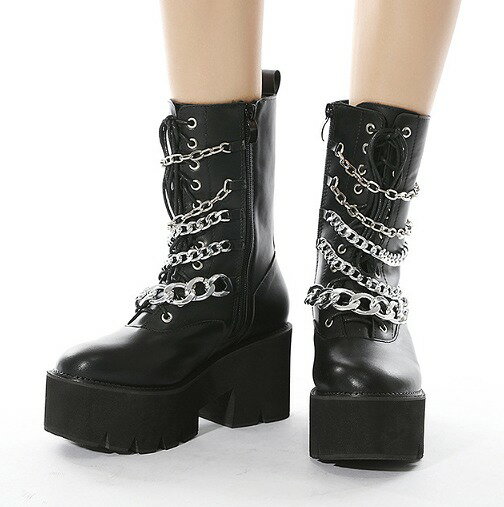 ブーツ 切り替え 太いヒール 厚底 無地 原宿系ファッション 韓国風 ダンス衣装 POP カワ 個性 奇抜 か..