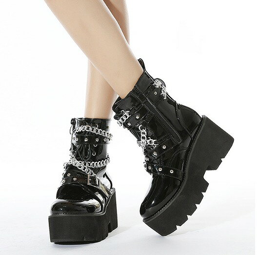 ブーツ 厚底 切り替え 太いヒール 無地 原宿系ファッション 韓国風 ダンス衣装 POP カワ 個性 奇抜 か..