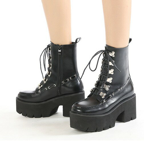 ブーツ 太いヒール 厚底 切り替え 無地 原宿系ファッション 韓国風 ダンス衣装 POP カワ 個性 奇抜 か..