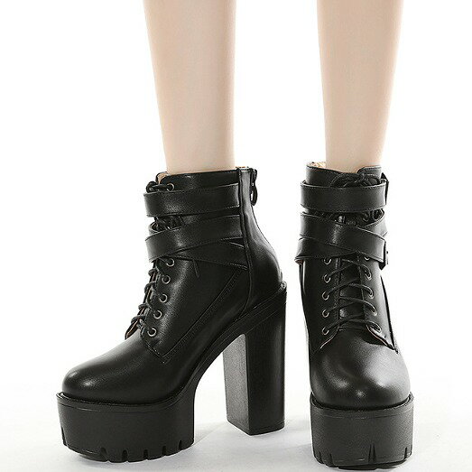 ブーツ 太いヒール 切り替え 厚底 無地 原宿系ファッション 韓国風 ダンス衣装 POP カワ 個性 奇抜 か..