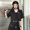 ブラウス シャツ ショート丈 半袖 薄手 切り替え 体型カバー 原宿系ファッション 韓国風ダンス 衣装 ヒップホップ HIPHOP 個性 奇抜 かわいい 青文字...