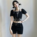 「付属品あり 」Tシャツ カットソー 五分 七分 半袖 ショート丈 切り替え スリム フェイク レイヤード 重ね着風 原宿系ファッション 韓国風ダンス 衣装 ヒ...