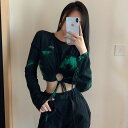 Tシャツ カットソー 長袖 ショート丈 切り替え バイカラー 配色 スリム 原宿系ファッション 韓国風ダンス 衣装 ヒップホップ HIPHOP 個性 奇抜 かわ...