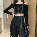 Tシャツ カットソー 長袖 ショート丈 切り替え スリム 無地 HIPHOP ヒップホップ 原宿系ファッション 韓国風ダンス 衣装 ヒップホップ HIPHOP ...