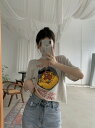 Tシャツ カットソー 五分 七分 半袖 ショート丈 Vネック プリント 切り替え 体型カバー 原宿系ファッション 韓国風ダンス 衣装 ヒップホップ HIPHOP 個性 奇抜 かわいい 青文字系 トップス レディース 女