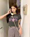 Tシャツ カットソー 五分 七分 半袖 ショート丈 切り替え バイカラー 配色 スリム 原宿系ファッション 韓国風 ダンス 衣装 ダンサー ヒップホップ HIP...