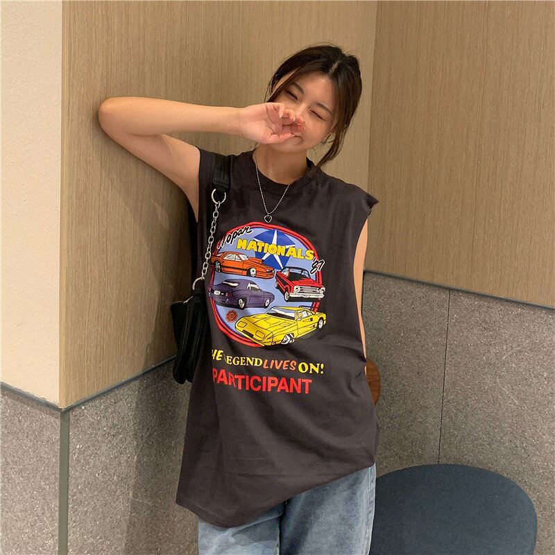 全2色 Tシャツ カットソー ノースリーブ 袖なし 切り替え バイカラー 配色 体型カバー LOGO ロゴ 英字 原宿系ファッション 韓国風 ダンス 衣装 ダンサー ヒップホップ HIPHOP 個性 奇抜 かわいい 青文字系 トップス レディース 女 1