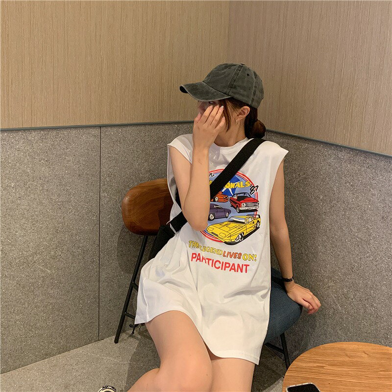 全2色 Tシャツ カットソー ノースリーブ 袖なし 切り替え バイカラー 配色 体型カバー LOGO ロゴ 英字 原宿系ファッション 韓国風 ダンス 衣装 ダンサー ヒップホップ HIPHOP 個性 奇抜 かわいい 青文字系 トップス レディース 女 2