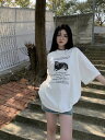全2色 Tシャツ カットソー 五分 七分 半袖 プリント 切り替え 体型カバー LOGO ロゴ 英字 ヴィンテージ風 レトロ調 原宿系ファッション 韓国風 ダン...