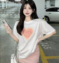 全2色 Tシャツ カットソー 五分 七分 半袖 切り替え バイカラー 配色 体型カバー ハート柄 心柄 大きいサイズあり 原宿系ファッション 韓国風 ダンス 衣...