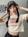 全2色 Tシャツ カットソー 五分 七分 半袖 ショート丈 切り替え 体型カバー LOGO ロゴ 英字 ヴィンテージ風 レトロ調 原宿系ファッション 韓国風 ダ...