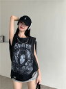 Tシャツ カットソー ノースリーブ 袖なし クラッシュ ダメージ加工 破損加工 切り替え 体型カバー ヴィンテージ風 レトロ調 原宿系ファッション 韓国風 ダンス 衣装 ダンサー ヒップホップ HIPHOP 個性 奇抜 かわいい 青文字系 トップス レディース 女